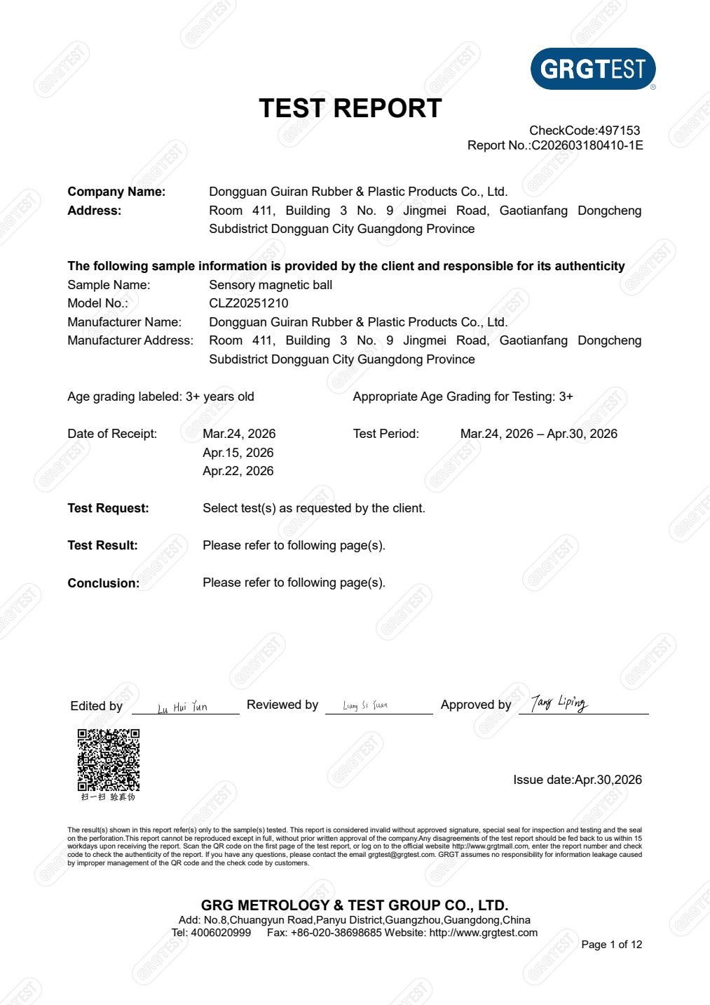 Canada report · magnetic ball certificate first page