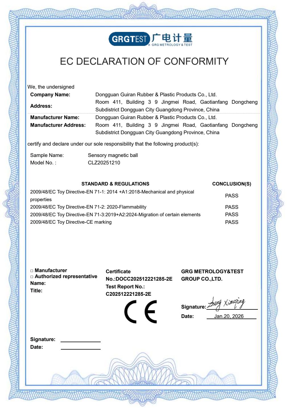 EU Declaration · magnetic ball certificate first page