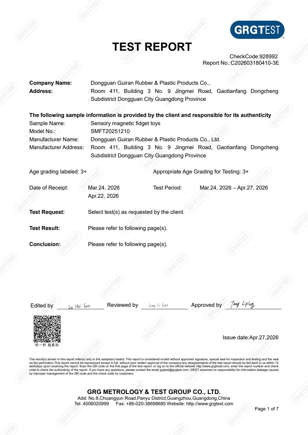 Canada report · fidget toys certificate first page