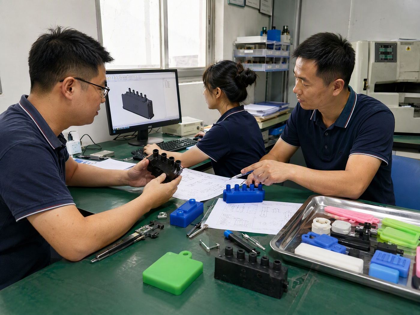 Engineering team reviewing a silicone component against its 3D CAD model
