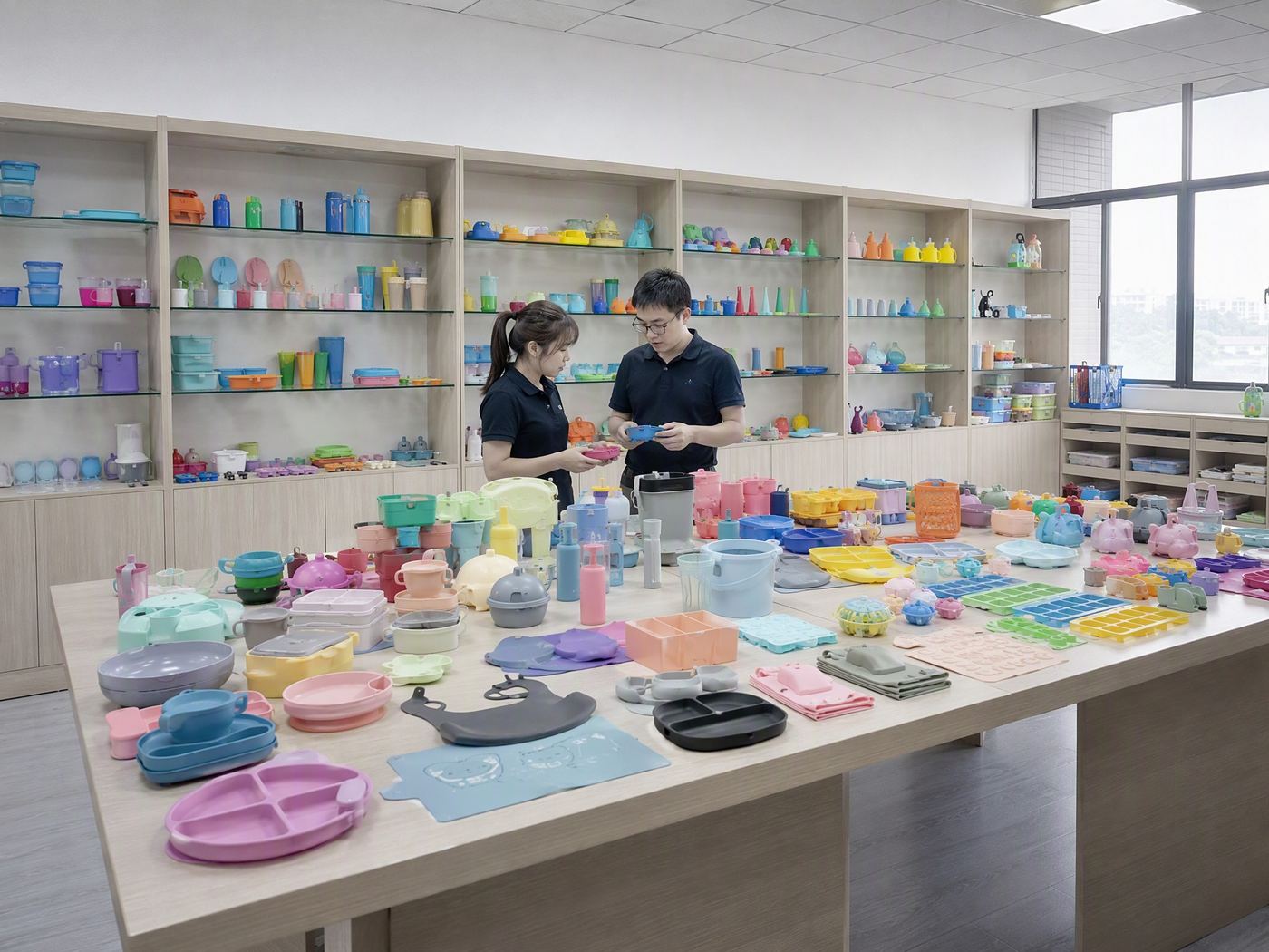 Sample showroom with finished silicone products on shelves and tables