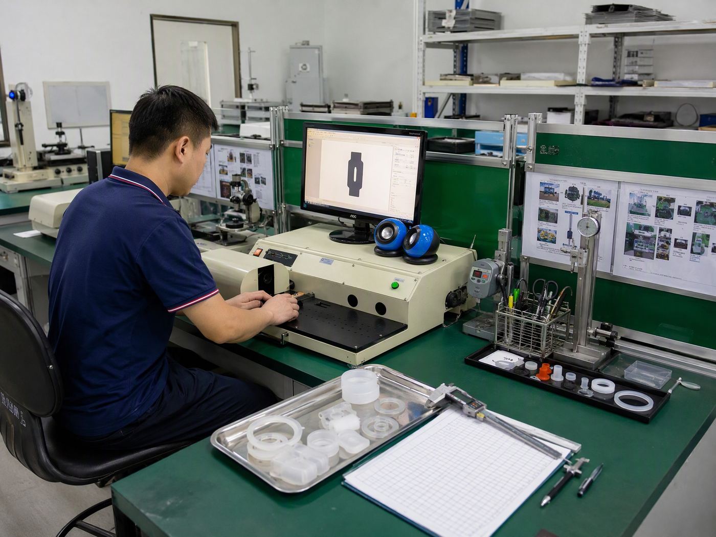 Quality control laboratory with dimensional measurement equipment